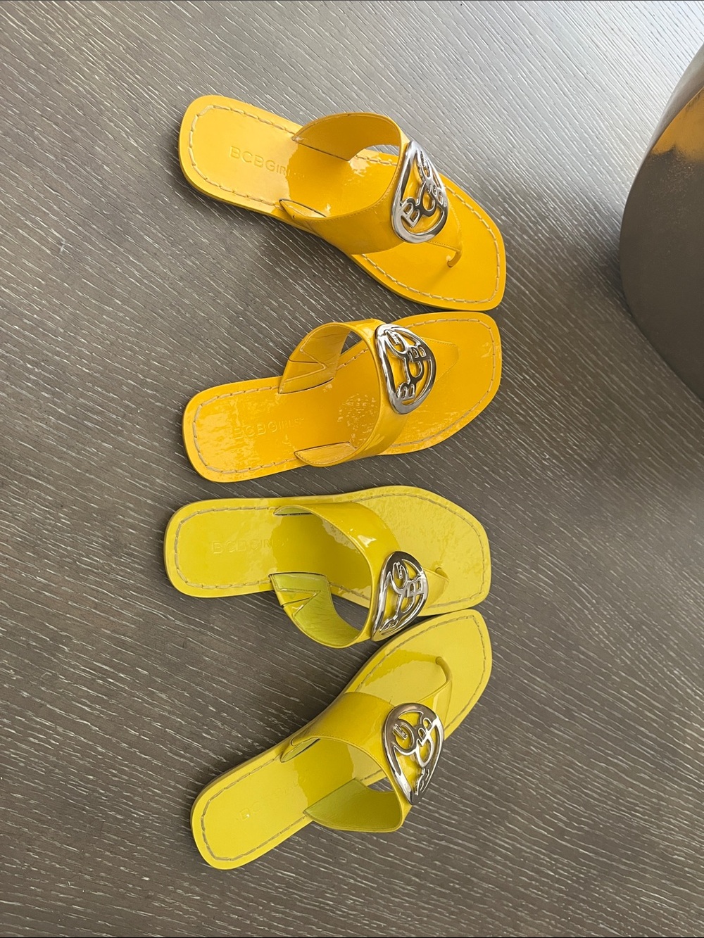 BCBG Yellow and Neon Green Patent Slide Sandals with Silver Logo Hardware